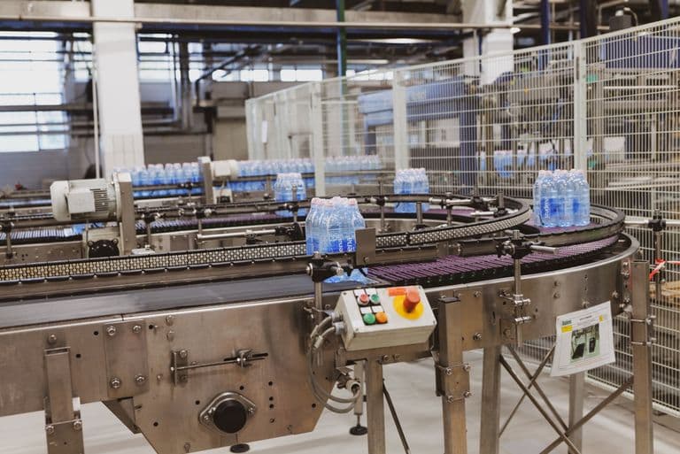 Bread rolls moving along a stainless-steel conveyor belt in a food factory, inspected under bright industrial lighting